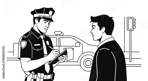 Police officer issuing traffic ticket to driver in monochrome style