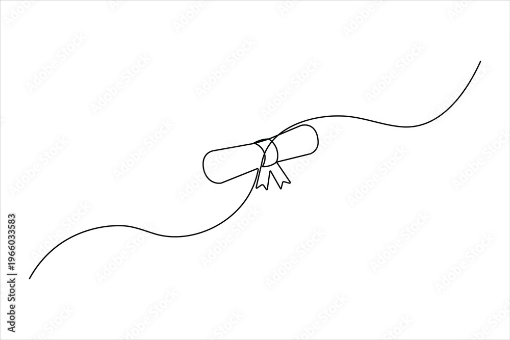 Obraz premium Minimalist continuous line drawing of a graduation scroll with a ribbon. Clean black vector art for academic success and university graduation.
