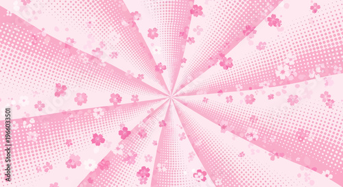 Pink floral radial design with cherry blossom pattern and halftone background