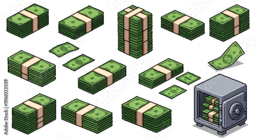 Retro pixel art style money stacks and safe with cash