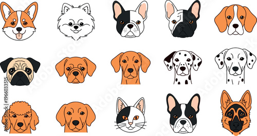 Variety of Cute Dog and Cat Faces, with Multiple Breeds and Expressions