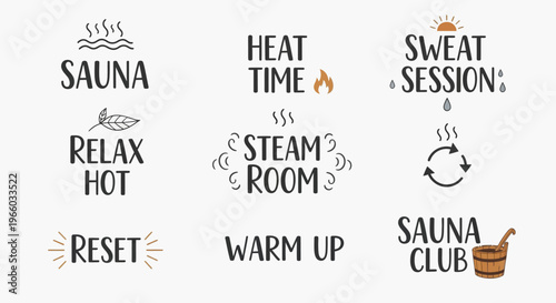 Sauna-themed minimalist typography set with relaxation symbols