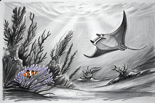 Underwater Ocean Life Pencil Sketch