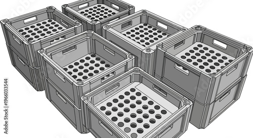 Isometric crate array: black and white storage box design in perspective