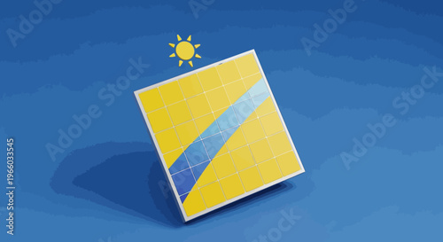 Modern solar energy concept: blue and yellow 3d panel with sun icon on blue background