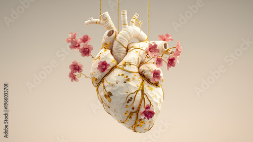 Conceptual sculpture of an anatomical human heart decorated with delicate white flowers and gold ornamental details on a neutral background. The composition combines themes of fragility, beauty, and e