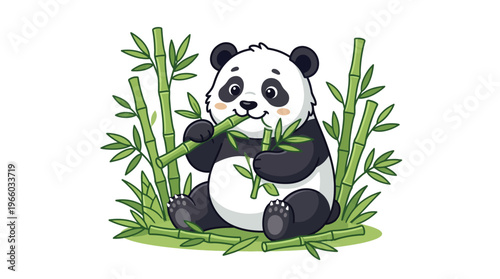 Cute panda eating bamboo shoots happily.
