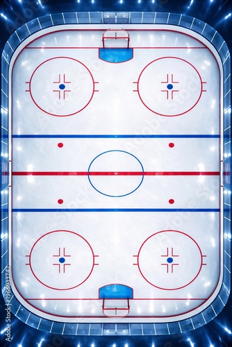 Professional Hockey Rink Stadium Arena, Overhead View Of Ice Sports Competition Surface With Winter Athletic Goal Net And Blue Line Markings