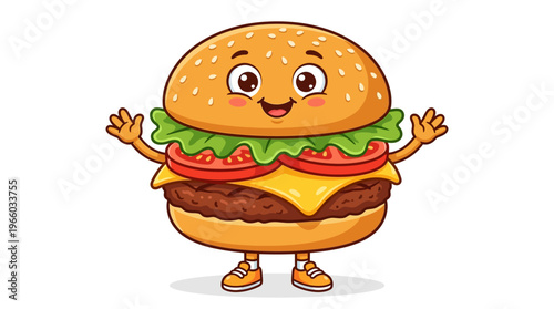 Cartoon cheeseburger with lettuce and tomato.