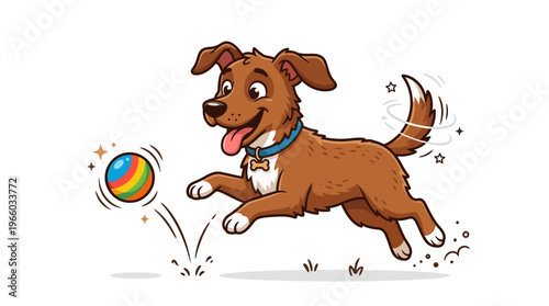 Brown dog playing with colorful ball.