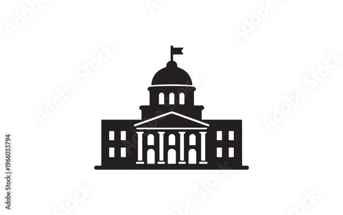 A black silhouette of a classical government building featuring a prominent dome, columns, and a flag atop its highest point. 