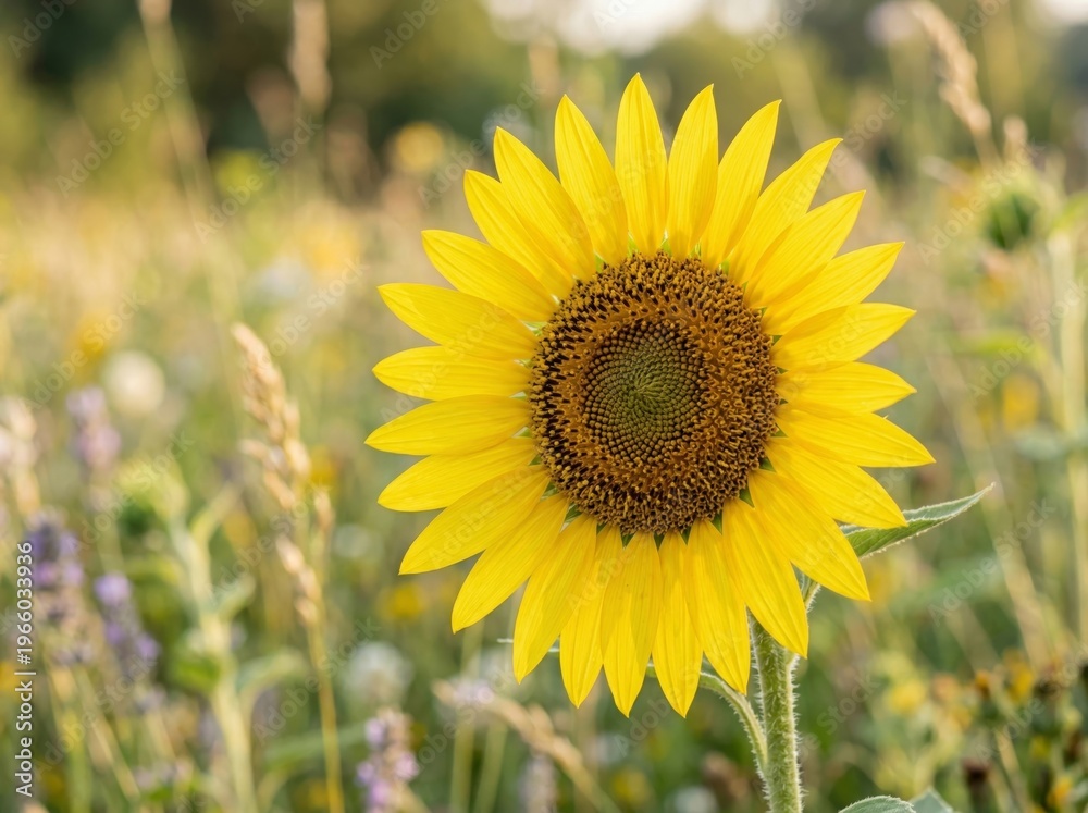 Obraz premium Yellow Sunflower Head Blooming in Field Under Summer Sun