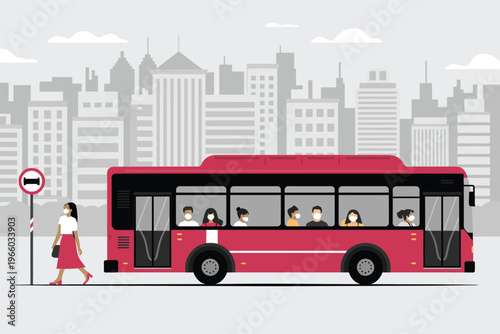 Urban bus stop illustration, red city bus with passengers for public transportation, commuting, and modern city mobility concept.