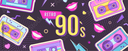 Retro disco poster or banner of 80s-90s with audio cassettes and smiling lips. Memphis style background. Vector illustration