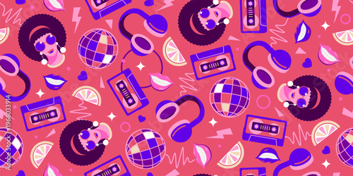 Seamless retro pattern of 80s-90s with disco and music elements.  Disco banner.  Memphis style background. Vector illustration