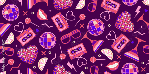 Seamless retro pattern of 80s-90s with disco and music elements.  Disco banner.  Memphis style background. Vector illustration