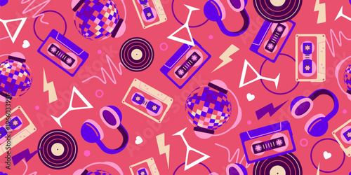 Colorful seamless retro pattern of 80s-90s with disco and music elements.  Disco banner.  Memphis style background. Vector illustration