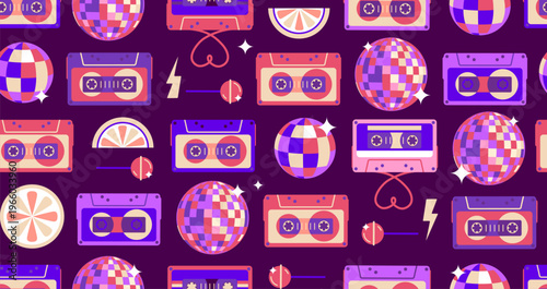 Retro seamless  pattern of 80s-90s with different audio cassettes, disco ball and chupa chups. Vector illustration