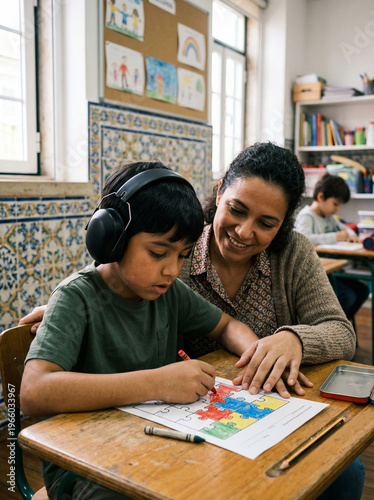Teacher helps boy with autism in class