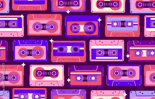 Retro seamless  pattern of 80s-90s with different  audio cassettes.  Music disco background. Vector illustration
