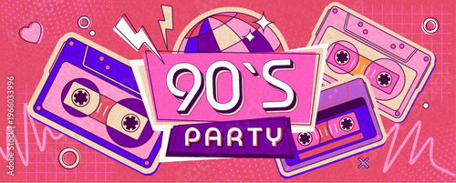 Retro disco poster or banner of 80s-90s with audio cassettes and disco ball. Memphis style background. Vector illustration