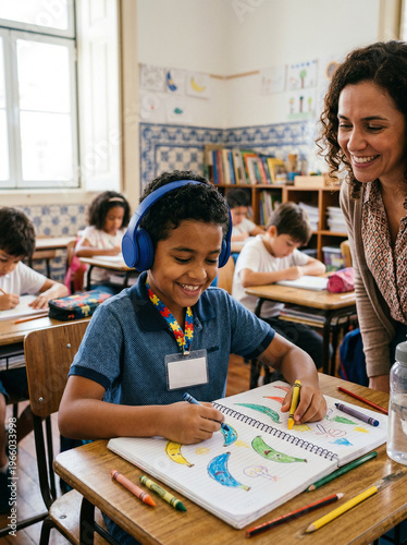 Happy boy with headphones in classroom