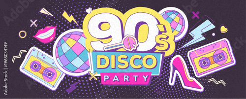 Retro disco poster or banner of 80s-90s with audio cassettes, disco ball, chupa chups, high heels and smiling lips. Memphis style background. Vector illustration