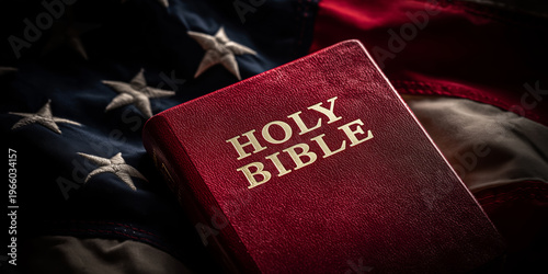 Red Holy Bible resting on an American flag symbolizing faith and devotion