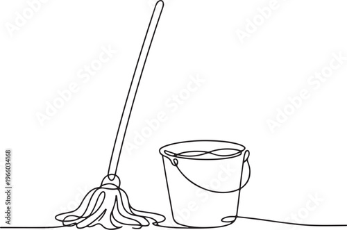 Mop and bucket cleaning line art housekeeping tools hygiene maintenance illustration concept
