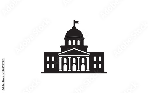 A black silhouette of a classical government building featuring a prominent dome, columns, and a flag atop its highest point. 