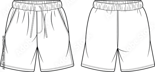 Vector technical drawing of casual elastic waistband shorts front and back view, drawstring pockets, detailed stitching, apparel template design illustration