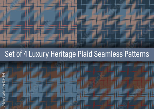 Set of 4 Luxury Heritage Plaid Seamless Patterns in Muted Navy and Brown