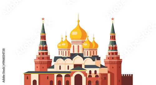 Colorful kremlin architecture with golden onion domes in flat design
