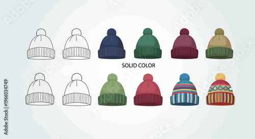 Colorful beanie collection: minimalist outline and vibrant design styles