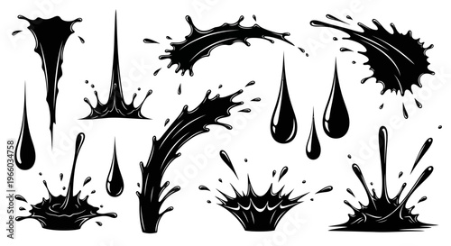 Black ink splash collection with dynamic shapes on white background