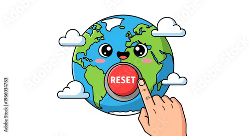 Hand pressing a 'RESET' button on a cute, smiling cartoon Earth, symbolizing global renewal, environmental restoration, and a fresh start for our planet's future illustrated concept