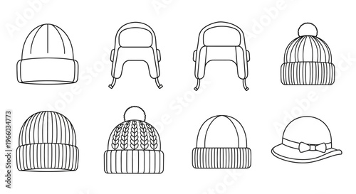 Collection of eight linear winter hats and caps
