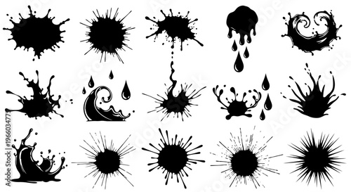 Abstract ink splatter collection with paint drops and liquid shapes