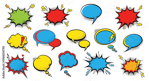 Colorful comic book speech and thought bubbles with halftone effects