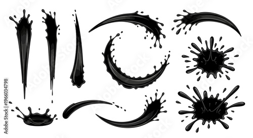 Dynamic black ink splashes and stains on white background