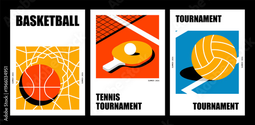 Basketball Tennis Volleyball Sport Tournament Poster Set Vector with Ball Court and Net on Dark Orange Background for Championship and Club Promotion