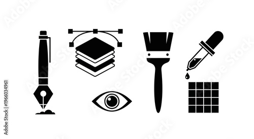 Graphic design tools icons set: pen, layers, brush, eye, color picker in black silhouette