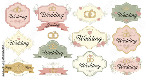 Elegant vintage wedding labels with floral and ring designs for invitations
