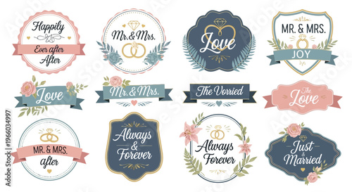 Elegant wedding badge collection featuring floral and ribbon designs