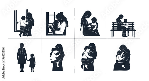 Diverse silhouettes depicting motherhood moments nurturing care love and connection