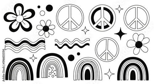 Black and white groovy symbols with peace signs, rainbows, and flowers