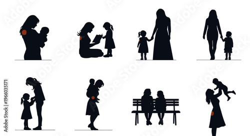 Diverse motherhood moments silhouettes of mothers and children in various loving
