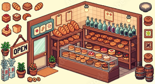 Cozy isometric bakery with pastries and breads in a charming retro design