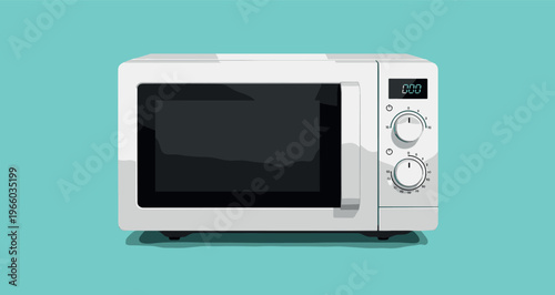 Modern microwave oven appliance illustration with digital display and control knobs, kitchen equipment isolated minimal flat vector design