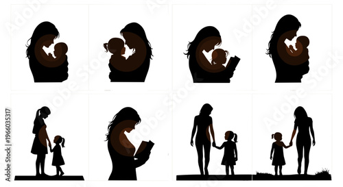 Diverse motherhood silhouettes holding baby reading walking together cherishing